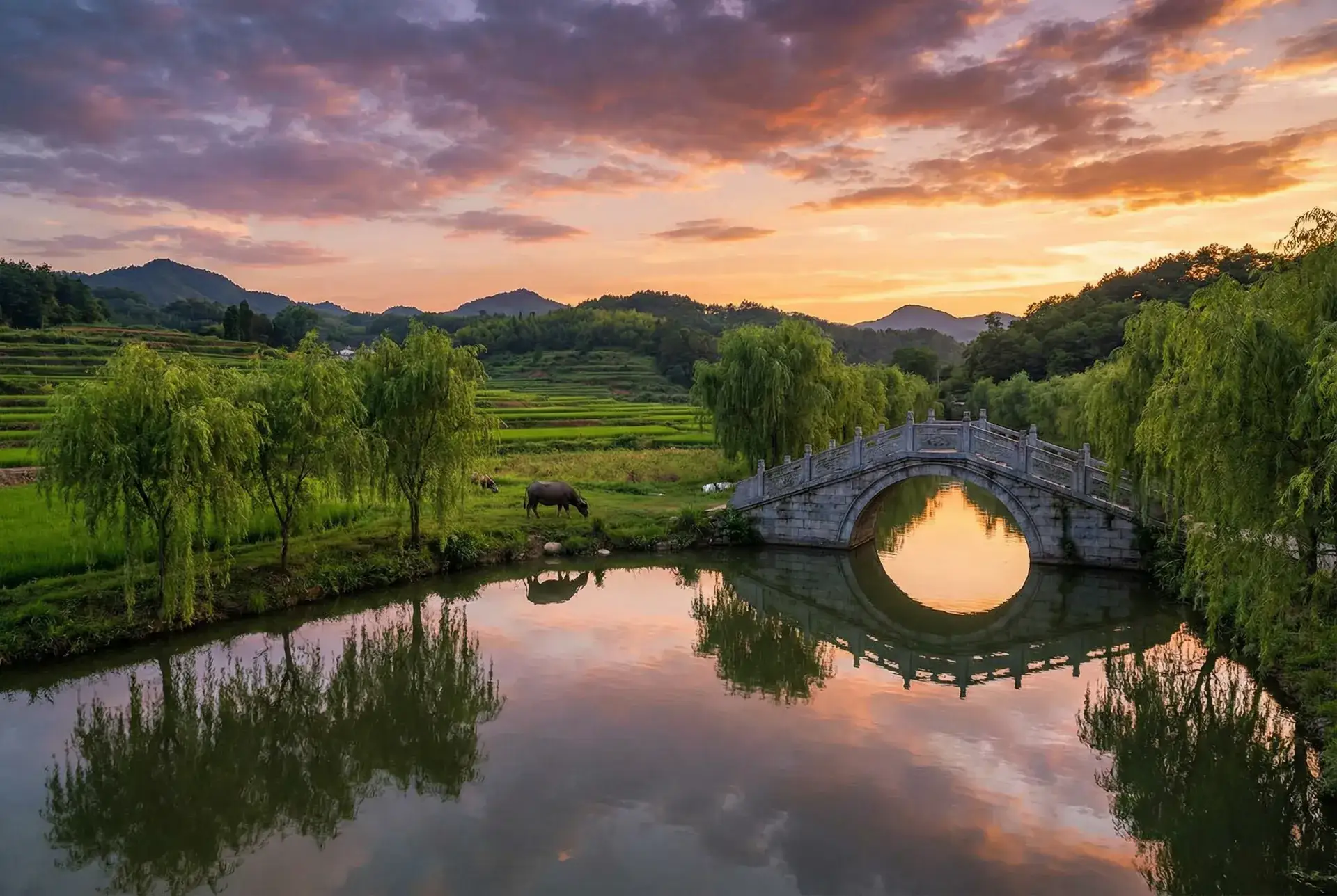 夕阳下的石拱桥与垂柳，水牛在河边吃草 - 菠萝菠萝蜜Www免费 乡村美景